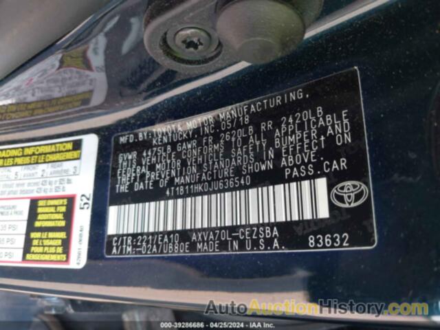 TOYOTA CAMRY L/LE/SE/XLE, 4T1B11HK0JU636540