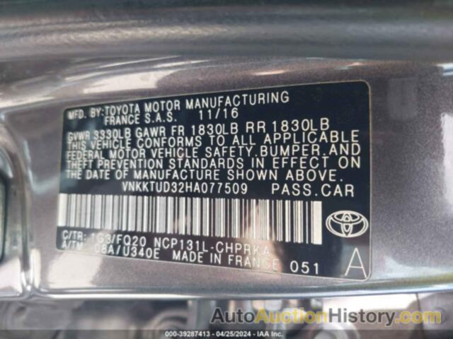 TOYOTA YARIS L/LE/SE, VNKKTUD32HA077509