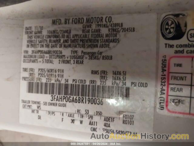 FORD FUSION S, 3FAHP0GA6BR190036