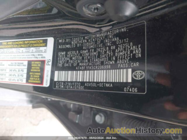 TOYOTA CAMRY LE, 4T4BF1FK5CR206998