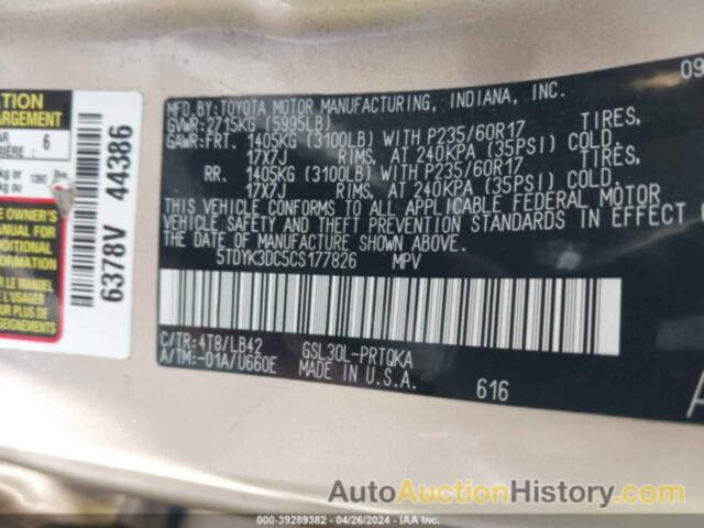 TOYOTA SIENNA XLE V6 8 PASSENGER, 5TDYK3DC5CS177826