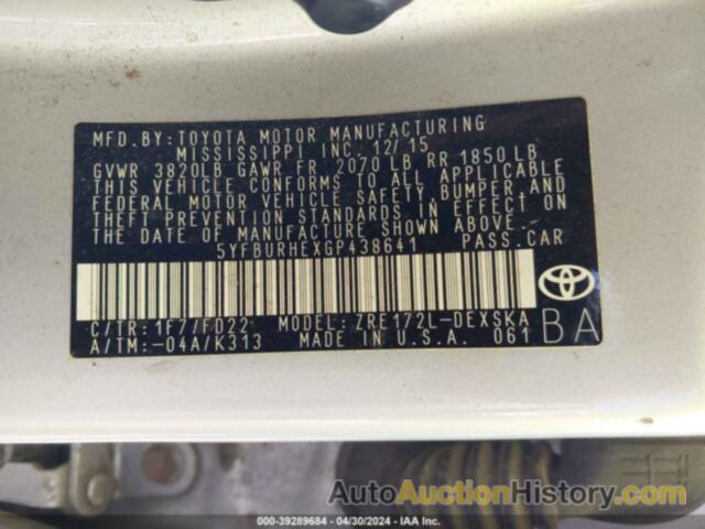 TOYOTA COROLLA L/LE/LE PLS/PRM/S/S PLS, 5YFBURHEXGP438641