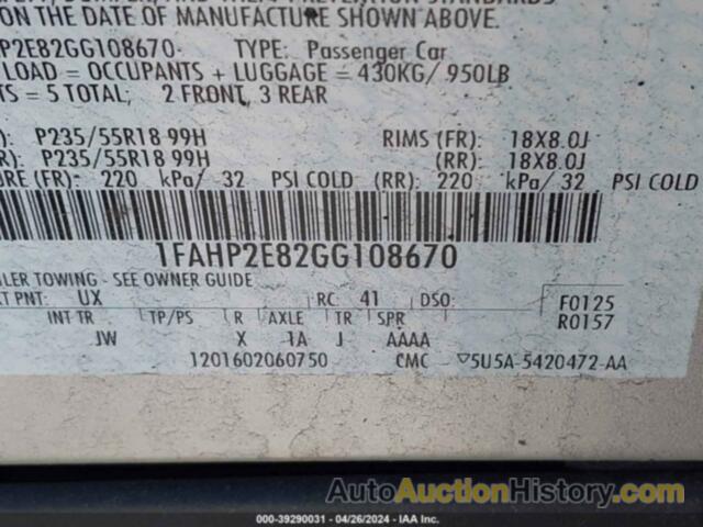 FORD TAURUS SEL, 1FAHP2E82GG108670