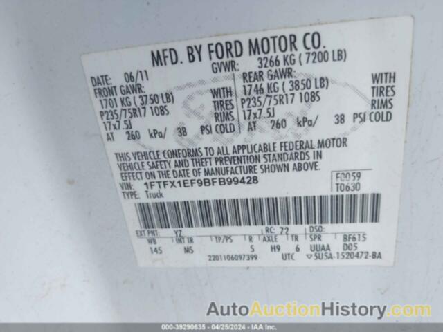 FORD F-150 XLT, 1FTFX1EF9BFB99428