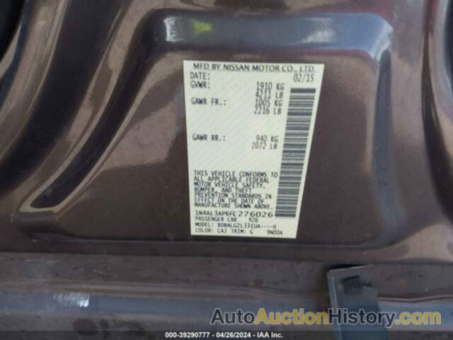 NISSAN ALTIMA 2.5 S, 1N4AL3AP6FC276026