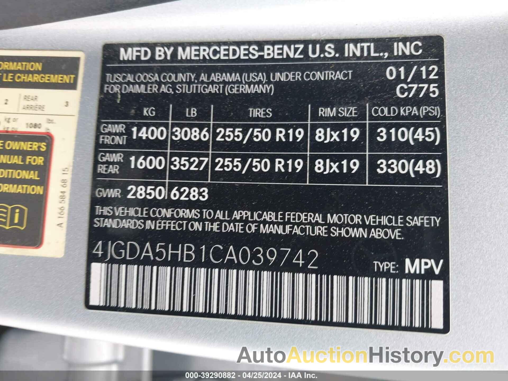 MERCEDES-BENZ ML 350 4MATIC, 4JGDA5HB1CA039742