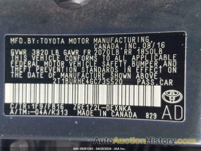 TOYOTA COROLLA LE, 2T1BURHE4GC735520