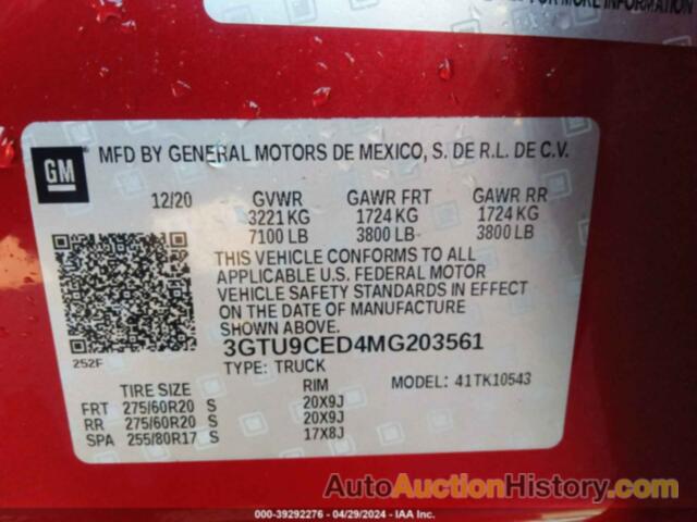 GMC SIERRA 1500 4WD  SHORT BOX ELEVATION, 3GTU9CED4MG203561