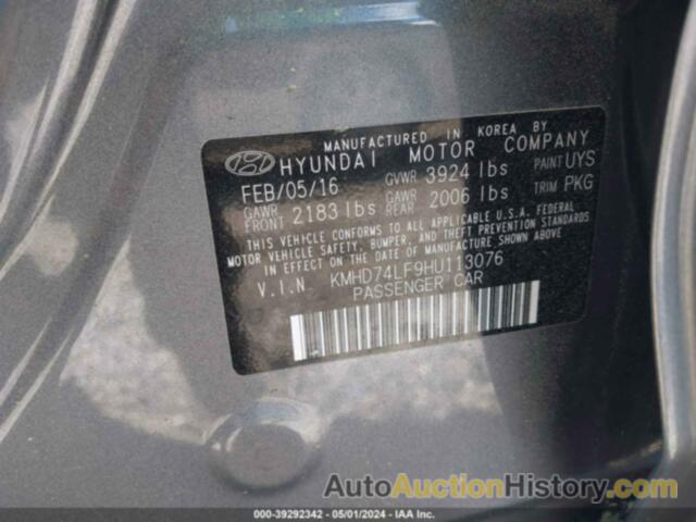 HYUNDAI ELANTRA SE, KMHD74LF9HU113076