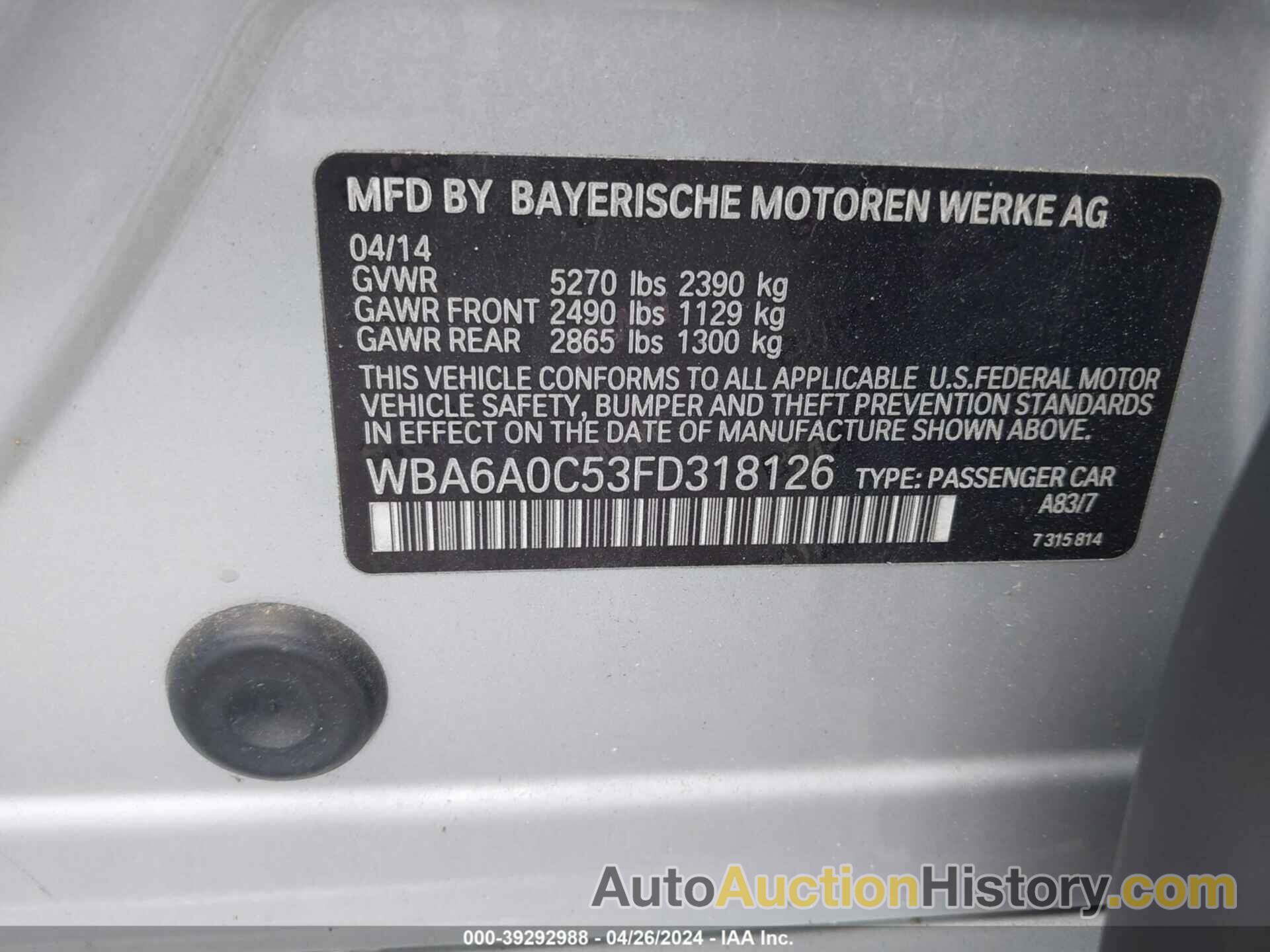 BMW 640I GRAN COUPE, WBA6A0C53FD318126
