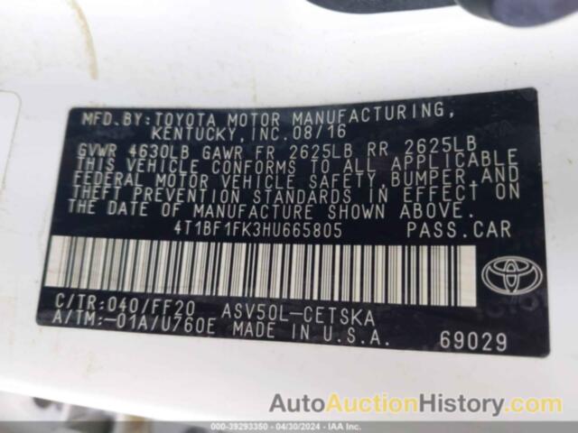 TOYOTA CAMRY LE/XLE/SE/XSE, 4T1BF1FK3HU665805