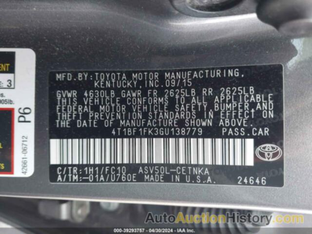 TOYOTA CAMRY LE, 4T1BF1FK3GU138779