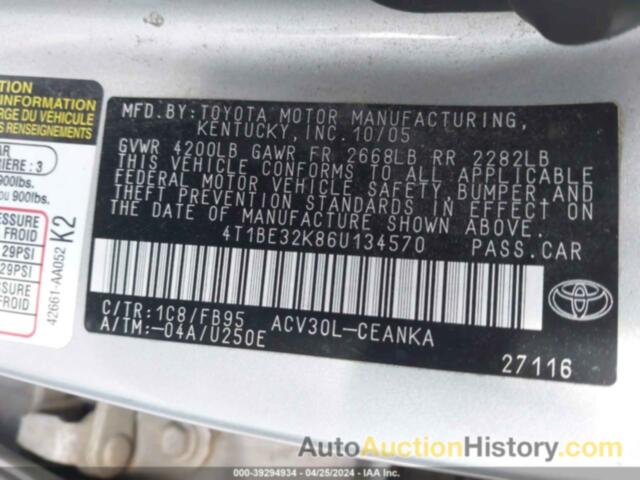 TOYOTA CAMRY LE, 4T1BE32K86U134570