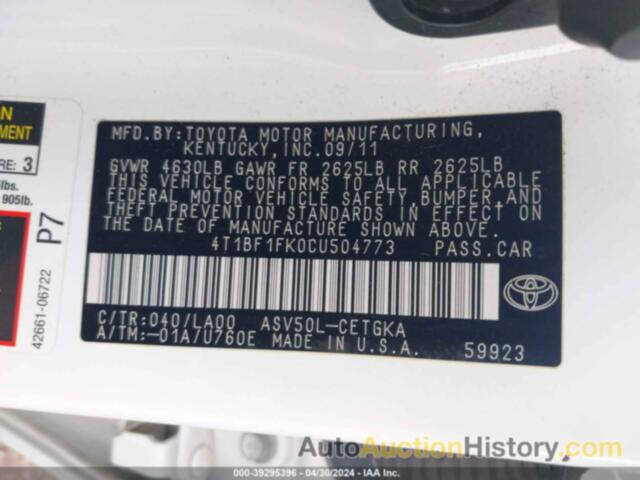 TOYOTA CAMRY XLE, 4T1BF1FK0CU504773