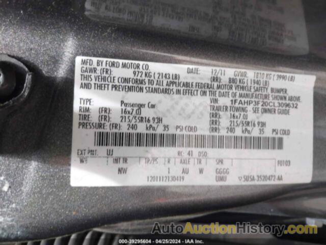 FORD FOCUS SE, 1FAHP3F20CL309632