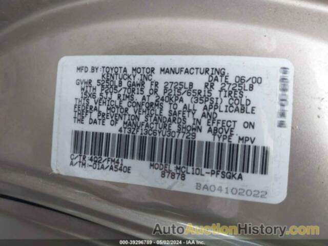 TOYOTA SIENNA LE/XLE, 4T3ZF13C6YU307729