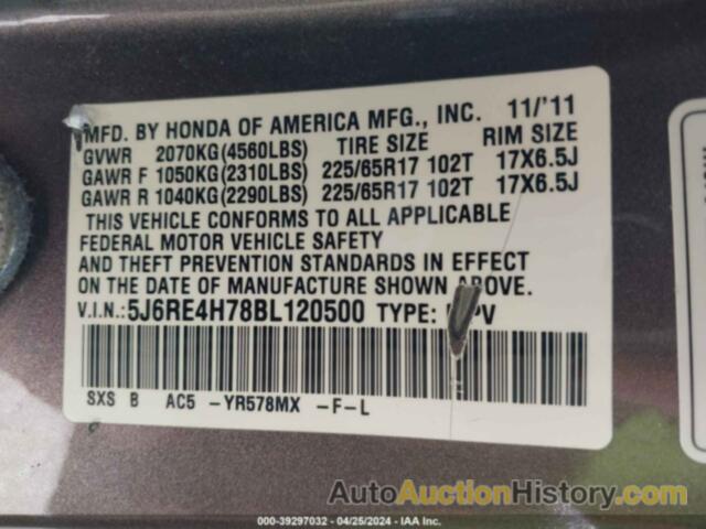 HONDA CR-V EX-L, 5J6RE4H78BL120500