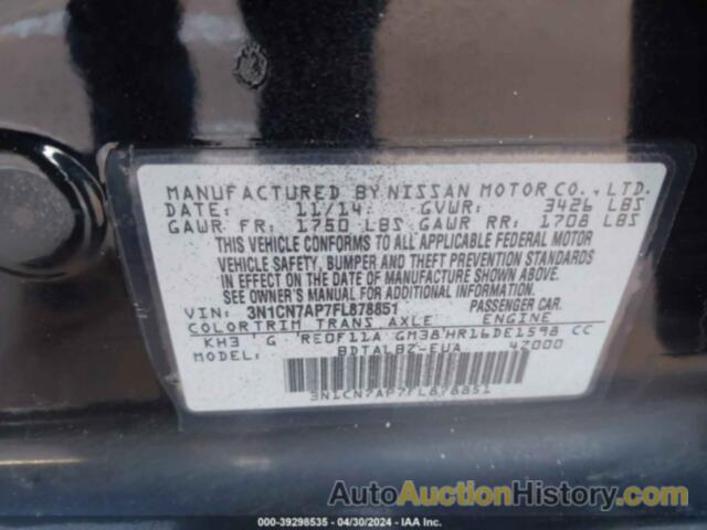 NISSAN VERSA 1.6 SV, 3N1CN7AP7FL878851