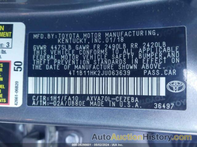 TOYOTA CAMRY L, 4T1B11HK2JU063639