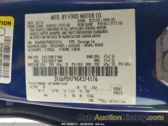 FORD FUSION SE, 3FA6P0H79GR374176