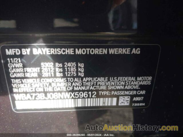 BMW 540I XDRIVE, WBA73BJ08NWX59612