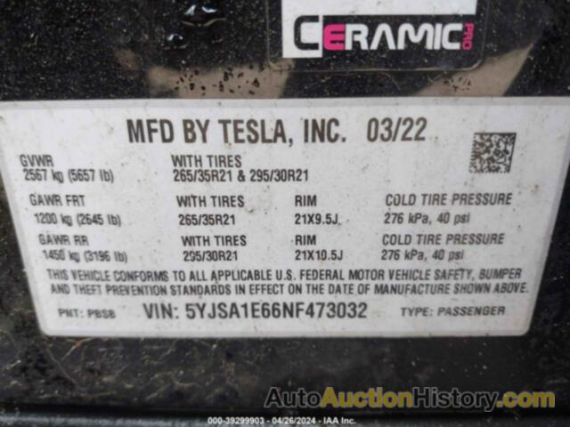 TESLA MODEL S PLAID TRI MOTOR ALL-WHEEL DRIVE, 5YJSA1E66NF473032