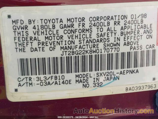 TOYOTA CAMRY LE, JT2BG22K8W0170770