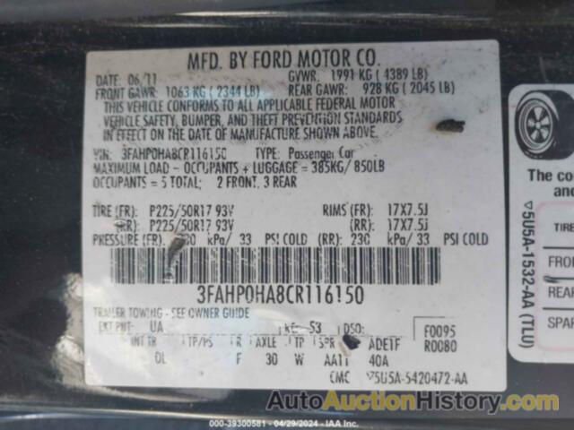 FORD FUSION SE, 3FAHP0HA8CR116150