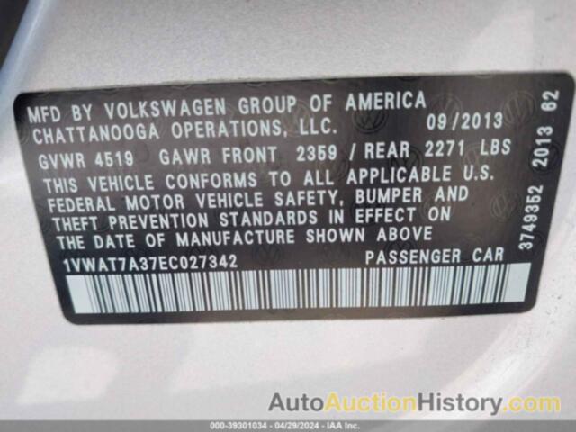 VOLKSWAGEN PASSAT 1.8T WOLFSBURG EDITION, 1VWAT7A37EC027342