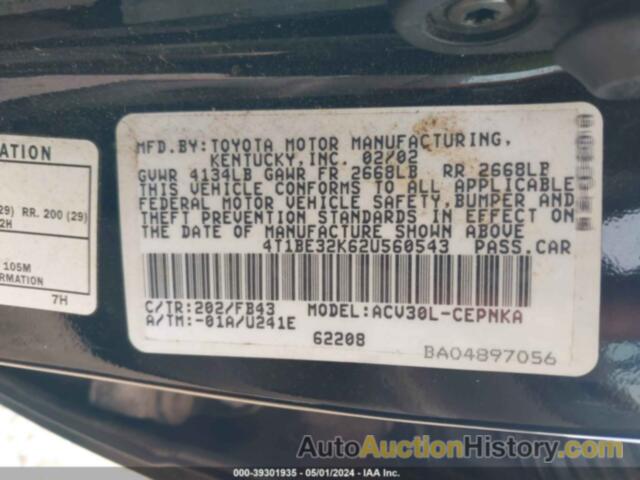 TOYOTA CAMRY LE, 4T1BE32K62U560543