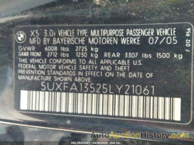 BMW X5 3.0I, 5UXFA13525LY21061
