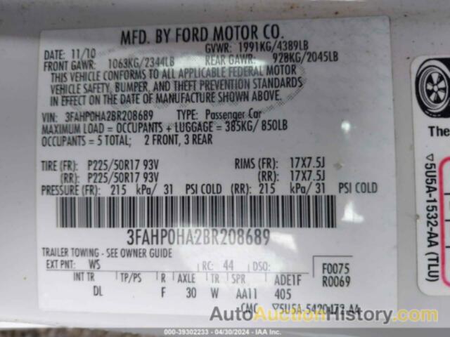 FORD FUSION SE, 3FAHP0HA2BR208689