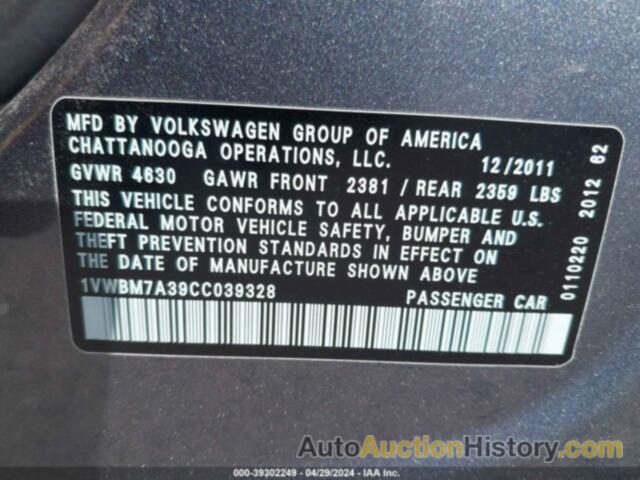 VOLKSWAGEN PASSAT 3.6L V6 SE, 1VWBM7A39CC039328