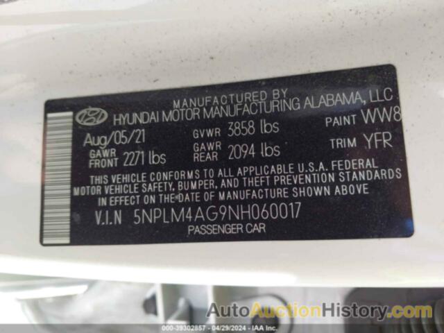 HYUNDAI ELANTRA SEL, 5NPLM4AG9NH060017