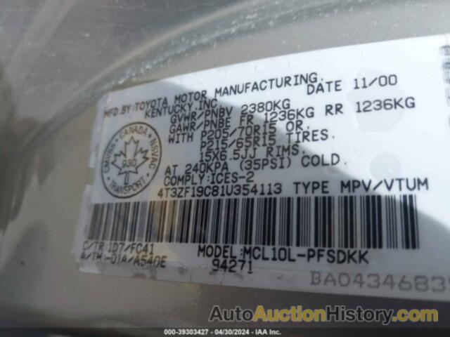 TOYOTA SIENNA CE, 4T3ZF19C81U354113