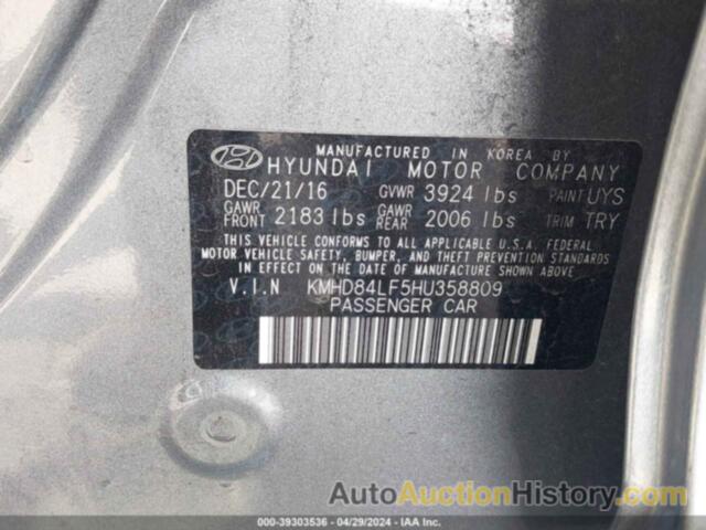 HYUNDAI ELANTRA SE/VALUE/LIMITED, KMHD84LF5HU358809