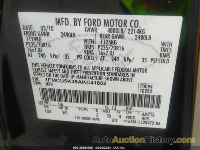 FORD ESCAPE HYBRID LIMITED, 1FMCU5K35AKC41852