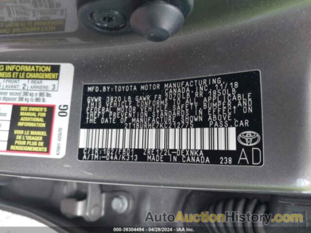 TOYOTA COROLLA LE, 2T1BURHE7KC212775