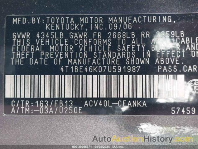 TOYOTA CAMRY CE/LE/XLE/SE, 4T1BE46K07U591987