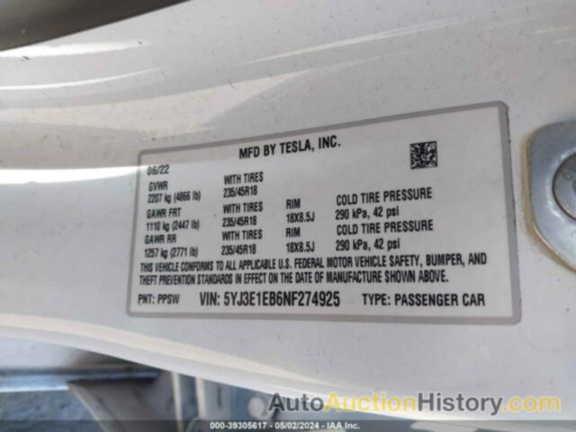 TESLA MODEL 3 LONG RANGE DUAL MOTOR ALL-WHEEL DRIVE, 5YJ3E1EB6NF274925