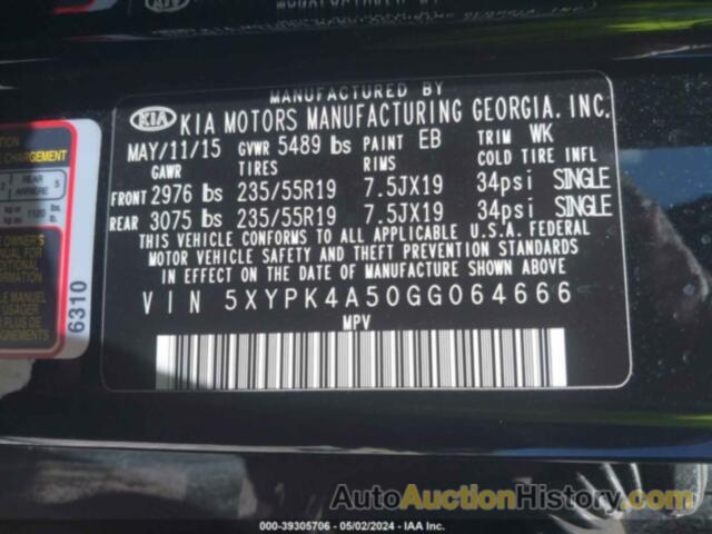 KIA SORENTO SX/SX LIMITED, 5XYPK4A50GG064666