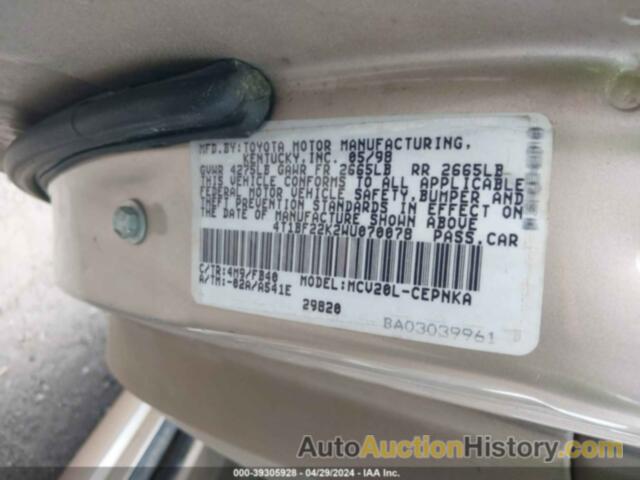 TOYOTA CAMRY LE V6, 4T1BF22K2WU070078