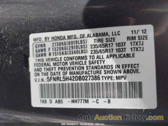 HONDA ODYSSEY EX, 5FNRL5H42DB027386