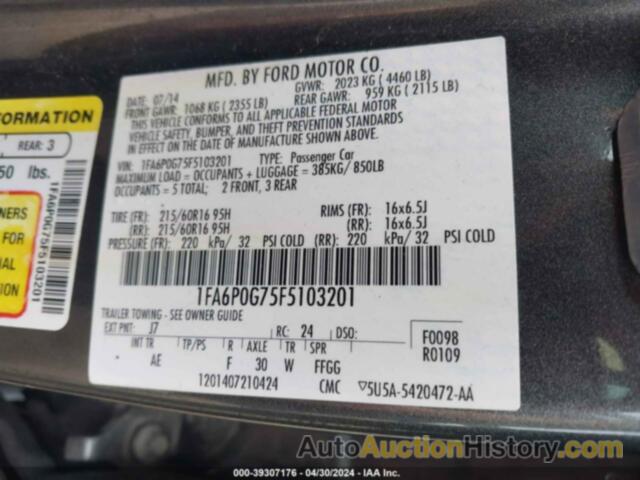 FORD FUSION S, 1FA6P0G75F5103201