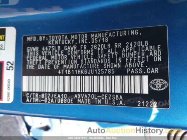 TOYOTA CAMRY SE, 4T1B11HK6JU125785