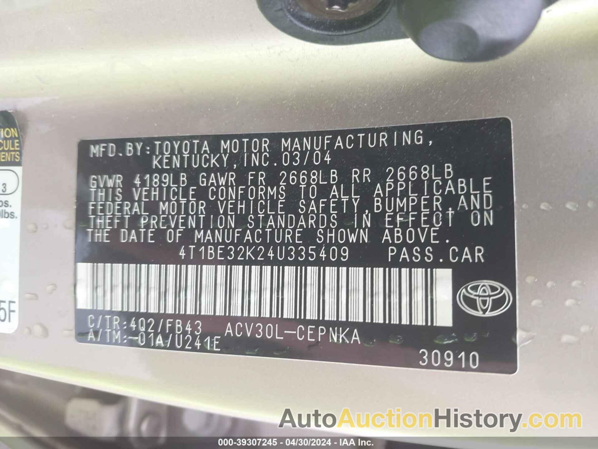 TOYOTA CAMRY LE, 4T1BE32K24U335409