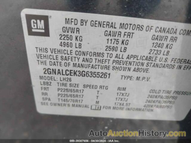 CHEVROLET EQUINOX LT, 2GNALCEK3G6355261