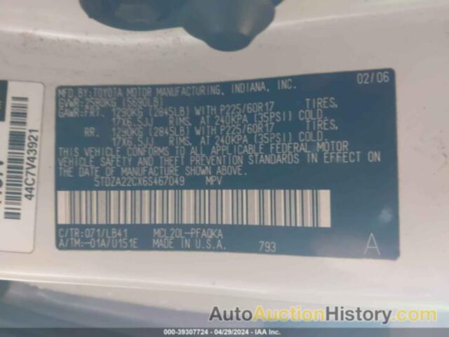 TOYOTA SIENNA XLE/XLE LIMITED, 5TDZA22CX6S467049