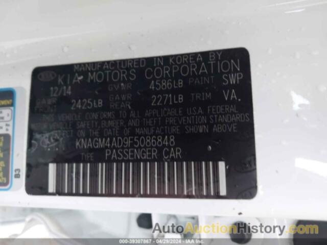 KIA OPTIMA HYBRID HYBRID, KNAGM4AD9F5086848