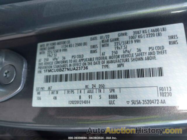 FORD ESCAPE SE HYBRID, 1FMCU0BZ7NUA23736